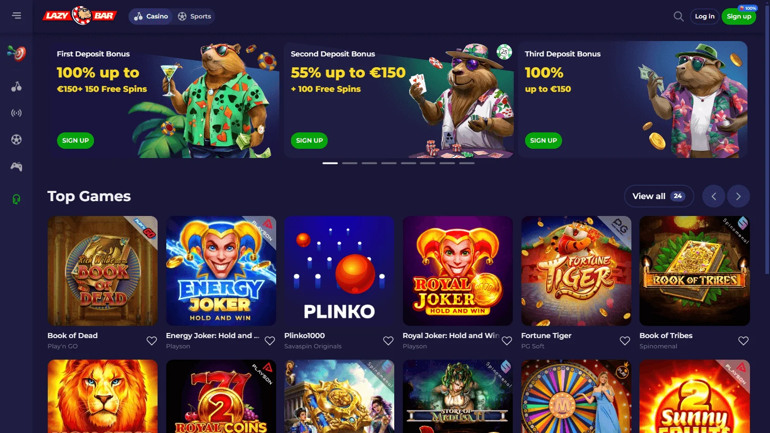 Lazybar Casino home screen on desktop